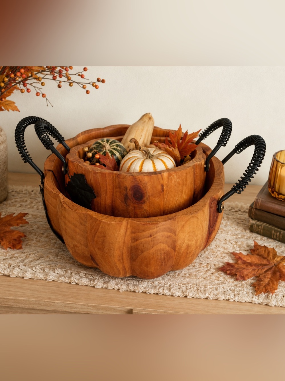Wood Pumpkin shaped Bowls Handles Fall Decorating Thanksgiving Halloween